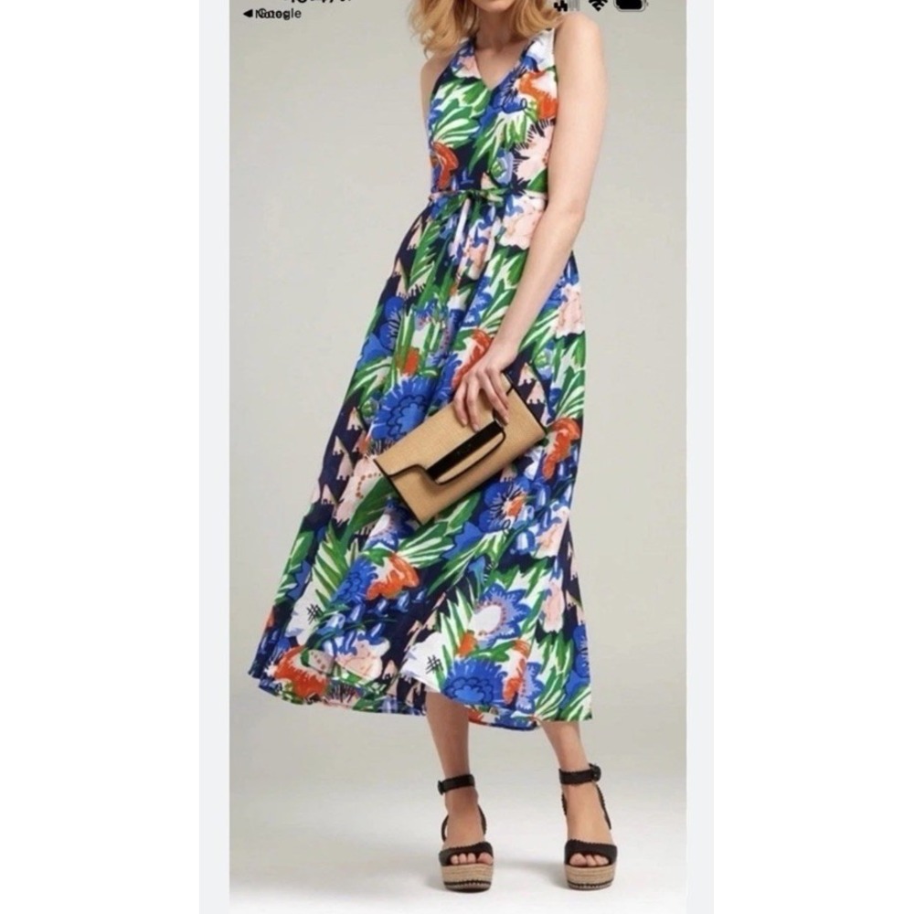 L.K. Bennett London Silk Linen Floral Halter Midi Dress Pockets Lined Size 12